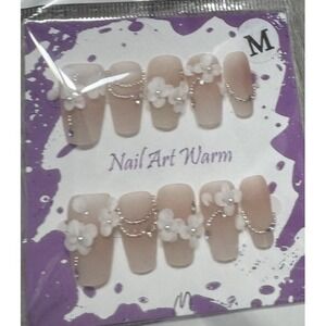 Jeweled Nude‎ Coffin Press On Nails With Flower Design